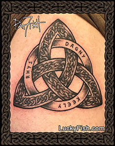 Celtic knot tattoo on arm triquetra and circle dedication family tattoo by Pat Fish