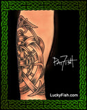 Tattoo design on skin with intricate Nordic serpent patterns and 'Lucky Fish' branding.