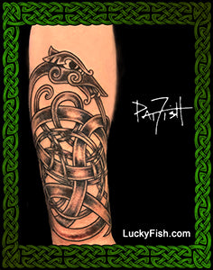 Tattoo design of the Midgard serpent jormundgandr with Celtic knot patterns on skin, artist signature Pat Fish and LuckyFish branding