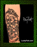 Tattoo design of the Midgard serpent jormundgandr with Celtic knot patterns on skin, artist signature Pat Fish and LuckyFish branding
