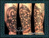Three views of tattoo of interlocking Norse seaserpent Jormumdgandr on a forearm with 'Lucky Fish' branding.