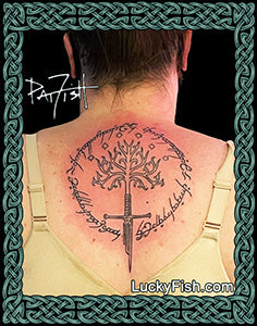 A tattoo design featuring the white tree of Gondor from Lord of the Rings, integrated with elvish ring script, on a person's back. with LuckyFish branding