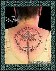 A tattoo design featuring the white tree of Gondor from Lord of the Rings, integrated with elvish ring script, on a person's back. with LuckyFish branding