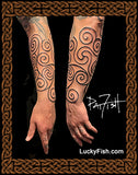 A tattoo design shown on two sides of a forearm with black spiral and swirl patterns, fin Pictish and Celtic style. A white script PatFish signature and the text 'LuckyFish.com.