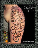 A tattoo design shown on a person's upper arm, featuring bold black spiral tribal-style patterns in Pictish Celtic style The image includes a white script logo reading 'PatFish' at the top right, and 'LuckyFish.