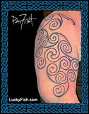 A tattoo design shown on a human shoulder, featuring black spiral and swirl patterns. The image includes blue Celtic Pictish patterns and  a white signature reading 'Pat Fish' at the top left, and 'LuckyFish.com