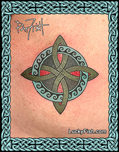 tattoo with Celtic knot and mariner and water theme by Pat Fish of LuckyFish.com