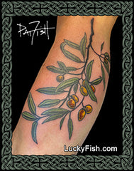 Wild Olive Botanical Tattoo Design by Pat Fish with LuckyFish.com branding