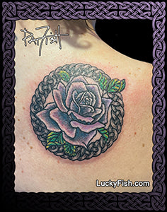 photo of lavender rose tattoo with Celtic design