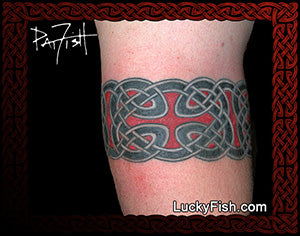 Celtic knot armband tattoo on a person's arm with LuckyFish branding.