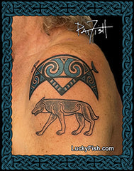 photo of Pictish symbols tattoo of wolf and crescent by Pat Fish