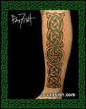Celtic knot tattoo on a leg with LuckyFish.com branding.