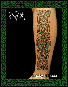 Celtic knot tattoo on a leg with LuckyFish.com branding.