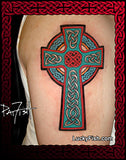 Colorful Celtic cross tattoo on skin with 'Lucky Fish' branding.