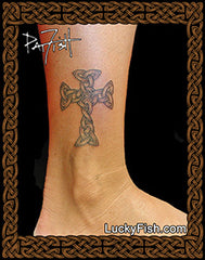 Princess Cross Celtic Tattoo Design ankle with LuckyFish.com branding