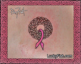 Pink cancer ribbon with Celtic knot design on a breast with 'Lucky Fish' branding.