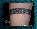 Celtic knot band tattoo on a person's arm by Pat Fish and 'LuckyFish.com' branding.