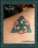 Tattoo of a triangular Celtic knot design on skin with text, by Pat Fish and with LuckyFishTattoo branding