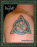 Triangular Celtic knot tattoo on a shoulder with 'Lucky Fish' branding.