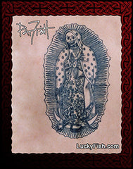 Virgin of Guadelupe tattoo design with LuckyFish branding