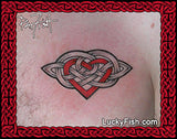 photo of Celtic knot heart tattoo on a person's chest with LuckyFish.com branding