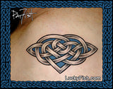 photo of Celtic knot heart tattoo on a person's shoulder with LuckyFish.com branding