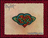 photo of multicolored Celtic knot heart tattoo on a person's chest with LuckyFish.com branding