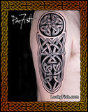 Tattoo design of a Celtic knot on an upper arm with 'Lucky Fish' branding.