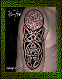 Celtic knot tattoo half sleeve on a person's arm with 'LuckyFish' branding.
