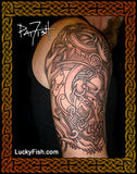 Detailed Celtic sleeve tattoo design on a person's arm with 'Lucky Fish' branding.