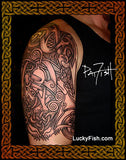 Tattoo Celtic animal sleeve design on a person's arm with 'Lucky Fish' branding.