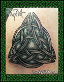 Tattoo design of a Celtic knot by Pat Fish with LuckyFish branding.