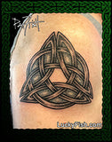 Celtic knot triangle tattoo design on skin with LuckyFish.com branding.