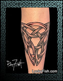 Celtic knot tattoo on a person's leg with 'Lucky Fish' branding.