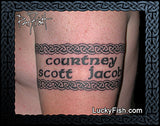 celtic knot band Tattoo with names 'Courtney', 'Scott', and 'Jacob' on a person's arm, with LuckyFish.com branding.