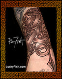 Celtic snakes tattoo on a forearm with Luckyfish branding