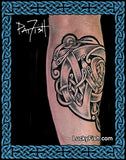 Celtic serpents tattoo by Pat Fish on a forearm with LuckyFish branding