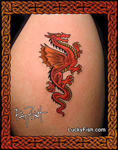 Red European dragon tattoo on skin with  'Lucky Fish' branding.
