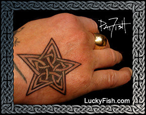 Hand with a star tattoo and a ring, featuring LuckyFish.com branding.