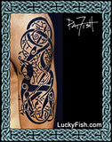 Nordic Viking Urnes style Tattoo design on skin with 'LuckyFish.com' branding