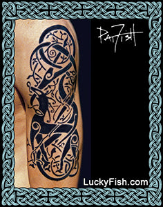 Nordic Viking Urnes style Tattoo design on skin with 'LuckyFish.com' branding