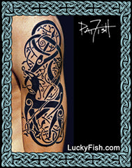 Nordic Viking Urnes style Tattoo design on skin with 'LuckyFish.com' branding