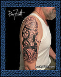 Man with a detailed Nordic Viking style deer tattoo on his arm, with 'Lucky Fish' branding.