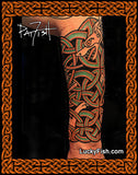 Tattoo design with Celtic patterns and dogs on a forearm, with LuckyFish.com branding