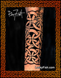 Tattoo design on a arm with intricate knotwork patterns and dogs, framed by decorative Celtic knotwork, and featuring the brand 'Lucky Fish'.