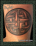Circular Celtic knot tattoo design on arm by Pat Fish with Lucky Fish branding.