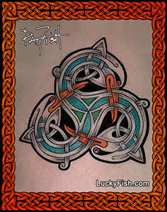 Triple crane bird tattoo design with Celtic knotwork and a signature of artist Pat Fish