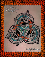 Triple crane bird tattoo design with Celtic knotwork and a signature of artist Pat Fish