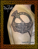 Tattoo of a detailed jewelry design on a person's arm with 'Lucky Fish' branding.