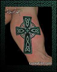 Shannon River Cross Celtic Tattoo Design with artist Pat Fish signature and LuckyFish branding